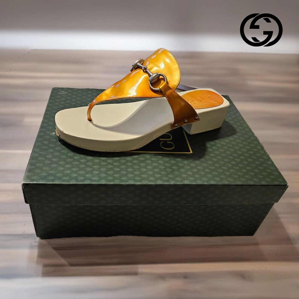 Gucci Y2K Gold Topaz Horsebit Platform Thong Sandals & Box, Size EU 36/US 5.5